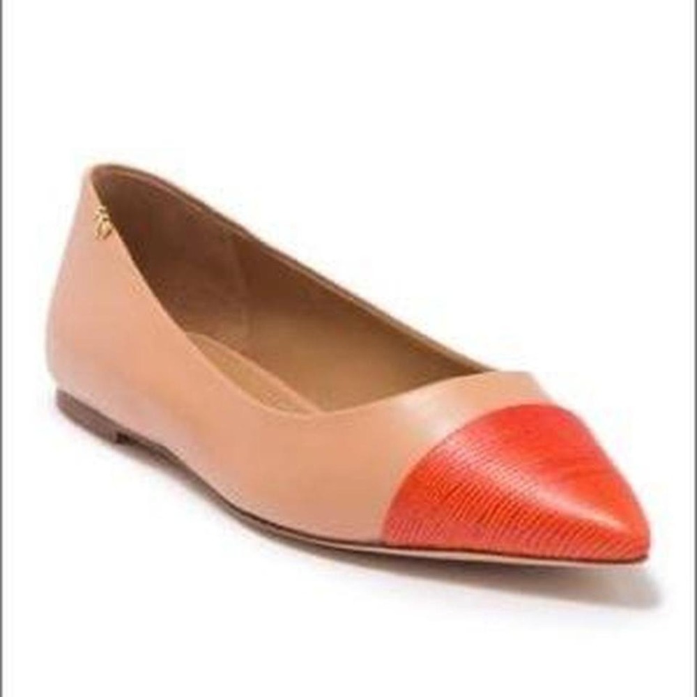Tory Burch Beige Orange Lizard Embossed Cap Toe Pointed Flats Leather Sole 8M